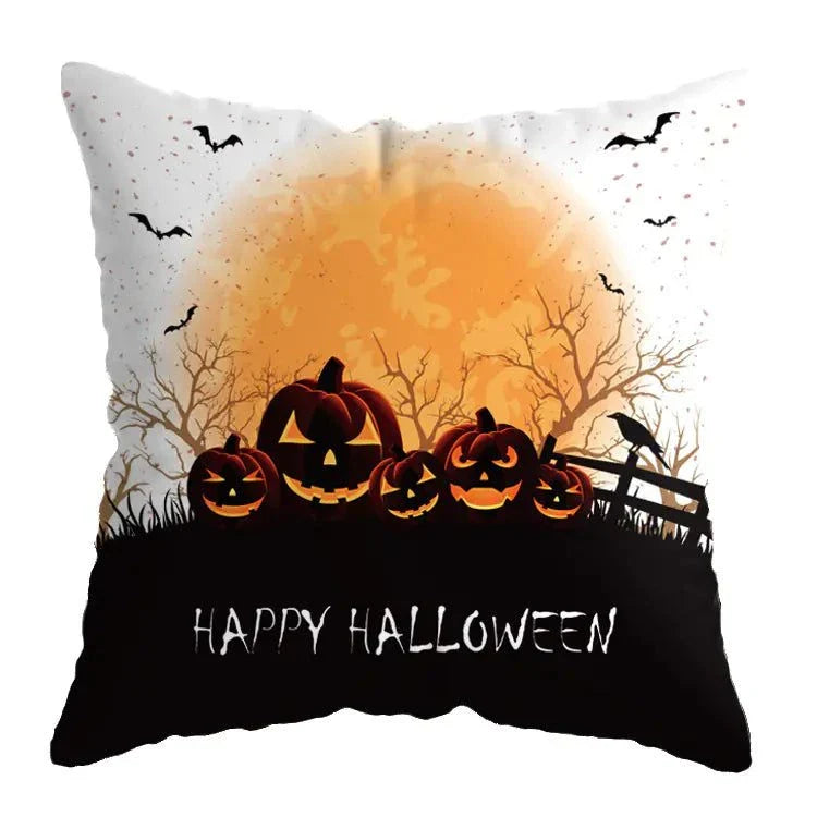 Linen skull Halloween pillow cover with spooky pumpkin and bat design.