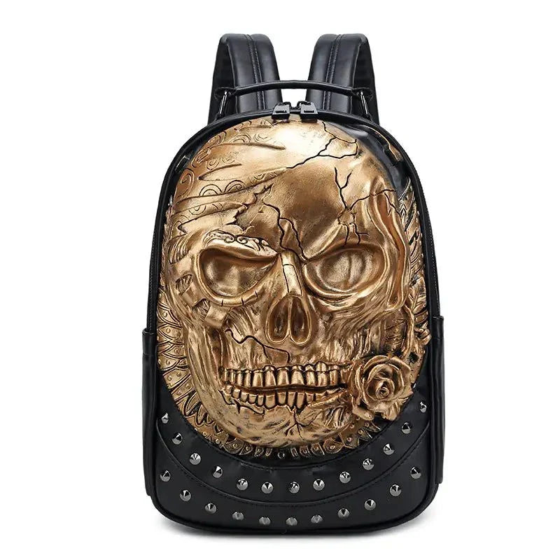 Three-dimensional embossed skull backpack with gold skull design, crafted from premium PU leather, combining style and functionality.