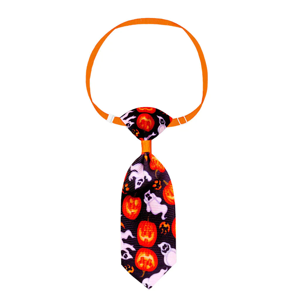 Halloween-themed pet necktie with skull and pumpkin design, part of the Wonderland Pet Spooky Necktie Series.