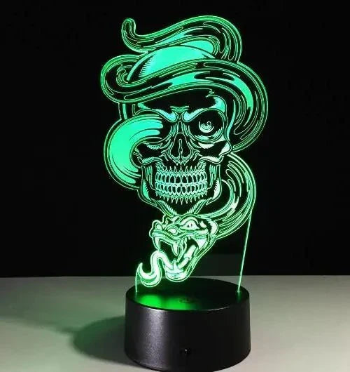3D Skull Night Light glowing in vibrant green on a compact base.