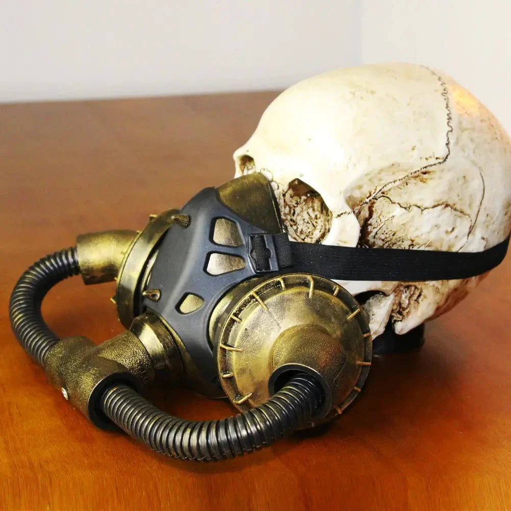 Vintage skull mask with gas mask detail on a wooden surface, ideal for ball masquerade or Halloween events.