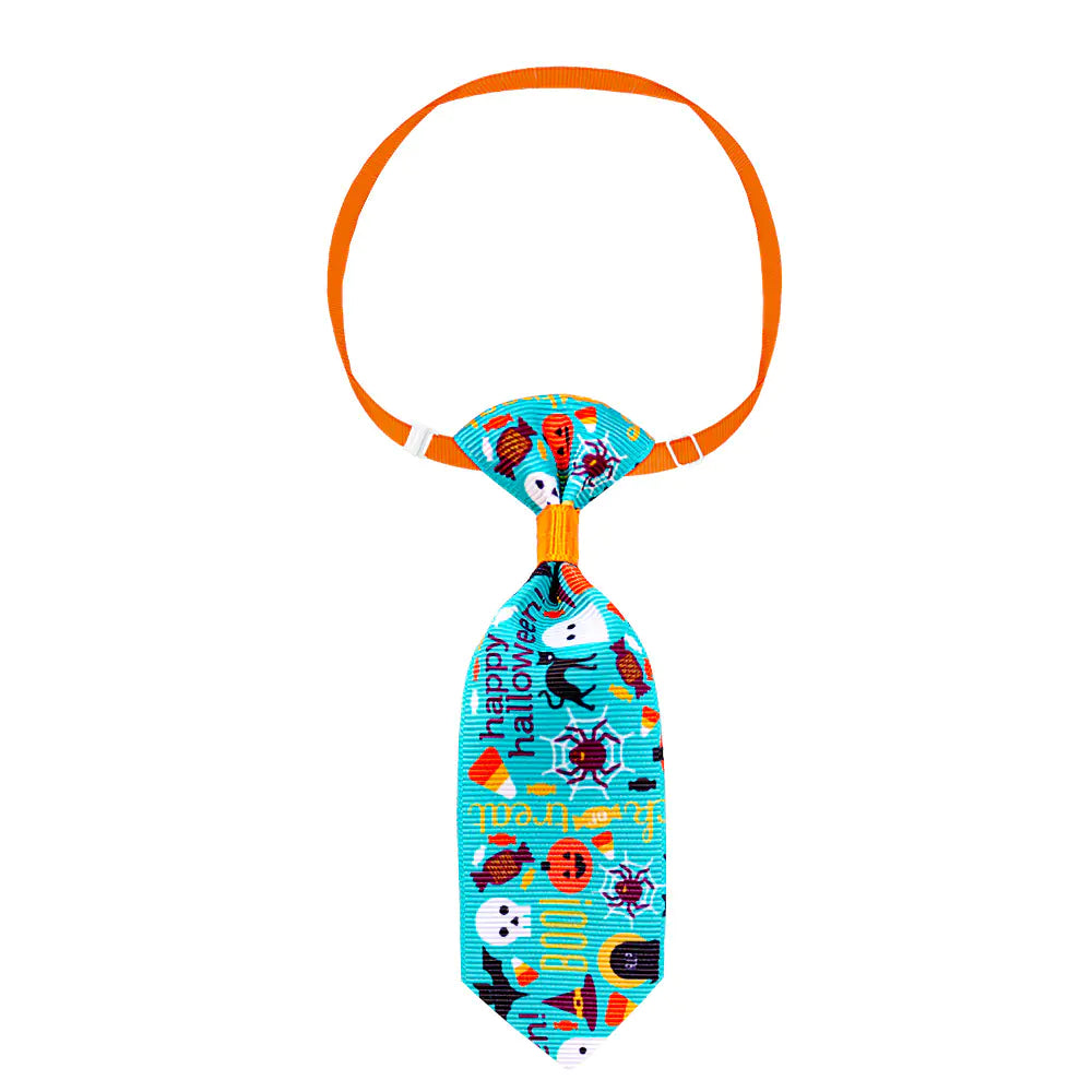 Halloween pet necktie with orange strap featuring colorful spooky skull and ghost design; perfect accessory for cats and small dogs.