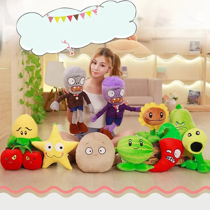 Large collection of Plants vs. Zombies plush toys featuring characters like Pea Shooter, Sunflower, and Zombies, perfect for kids aged 3 and up.