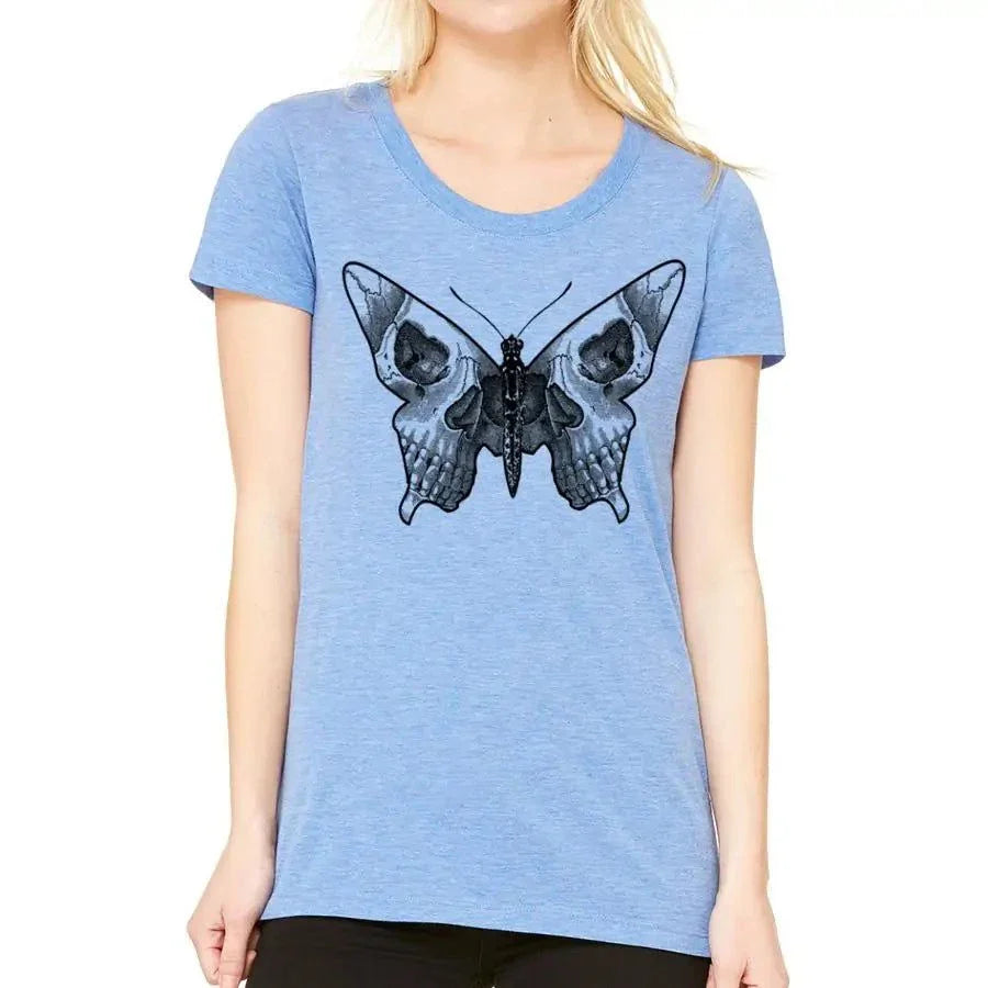 Women's blue tee with butterfly skull design, eco-friendly ink, by Mission Thread Clothing.
