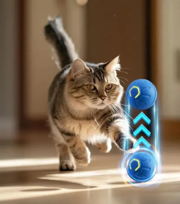 Cat playing with smart dog toy ball in blue color.