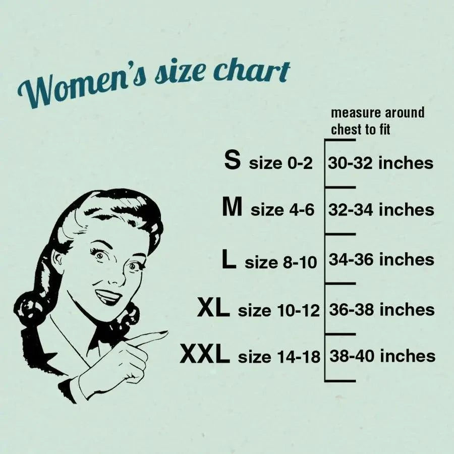 Women's size chart for Bella and American Apparel tees, detailing chest measurements for sizes S to XXL.