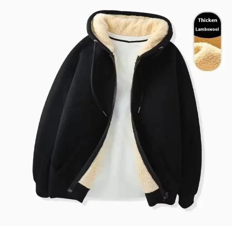 Lamb Wool Zipper Hoodie for Youth in Black, Loose Fit, Winter Cardigan with Thick Wool Lining.