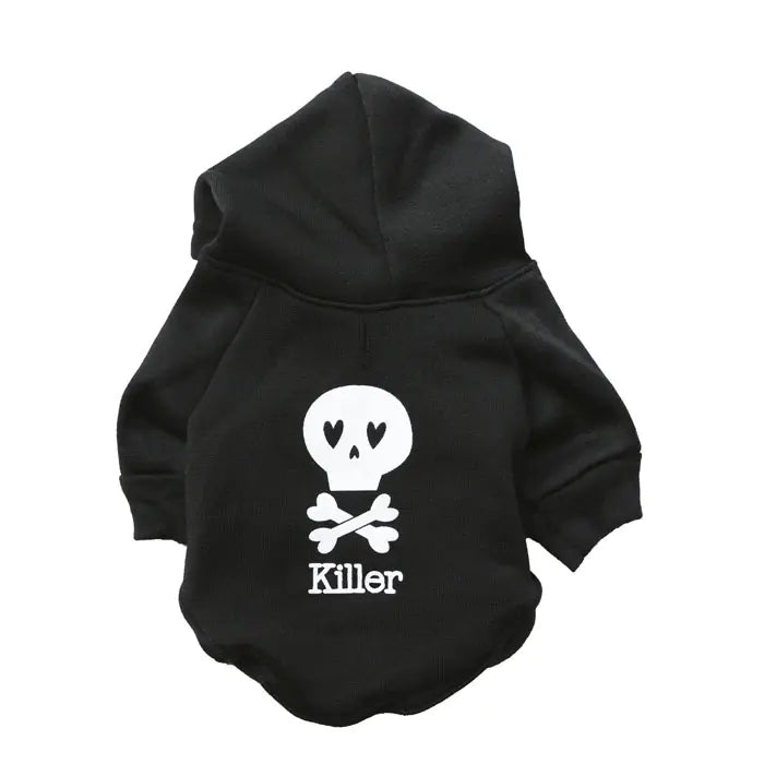 Spooky Skull Fleece Dog Hoodie in black with skull design, pet Halloween costume.