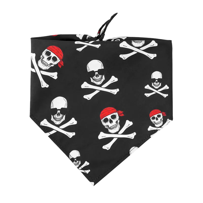Pirate-themed skull dog scarf with red bandana pattern for Halloween.