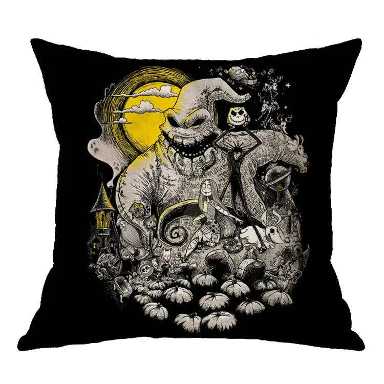 Linen skull Halloween pillow cover with intricate spooky design.
