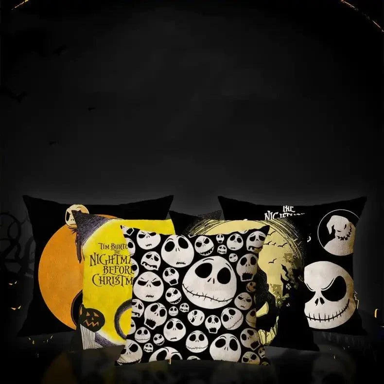 Linen Skull Halloween Pillow Covers with spooky skull designs in various colors, perfect for festive decor.