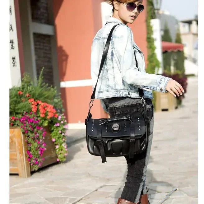 Skull Handbag on shoulder, versatile tote bag showcasing unique style.