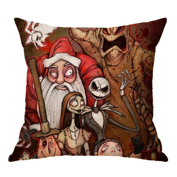 Linen skull Halloween pillow cover with spooky design and festive colors.