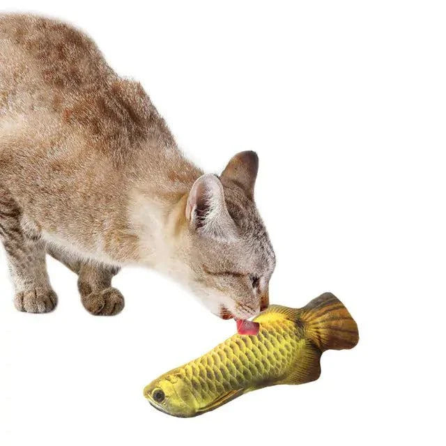 Cat playing with Creative Fish Shape Pet Toy, vibrant multicolor design, durable plush material.