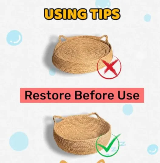 Handmade woven pet bed with restoration tips for use.
