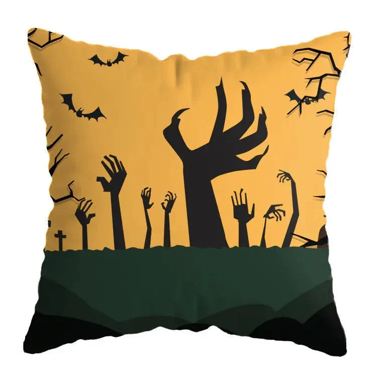 Linen Skull Halloween Pillow Cover with spooky hand and bat design, 45x45cm.