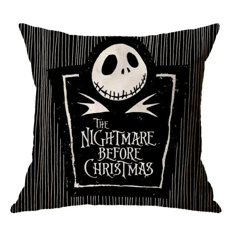 Linen Skull Halloween Pillow Cover with spooky skull design on black background.