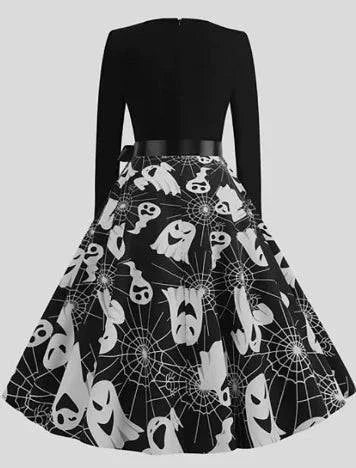 Halloween Chic Skull Print Midi Dress