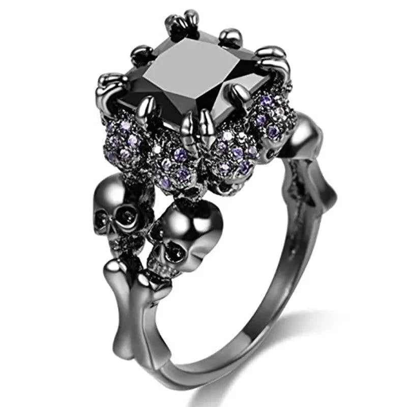 Fashion Black Skull Zircon Ring with skull design and sparkling zircon gems.