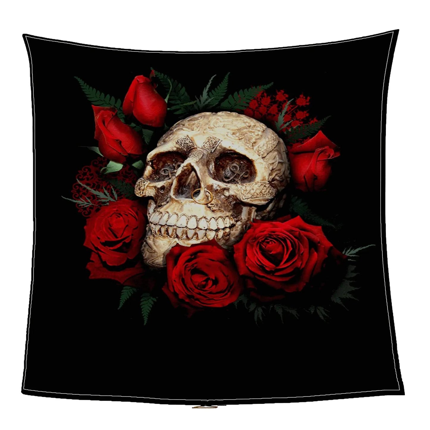 Red Rose Skull Blanket with floral design, cozy flannel material.