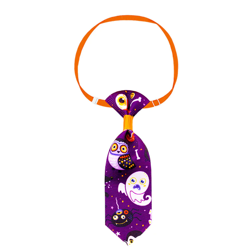 Colorful Halloween-themed pet necktie from Wonderland Pet Spooky Necktie Series featuring whimsical owl and ghost design.