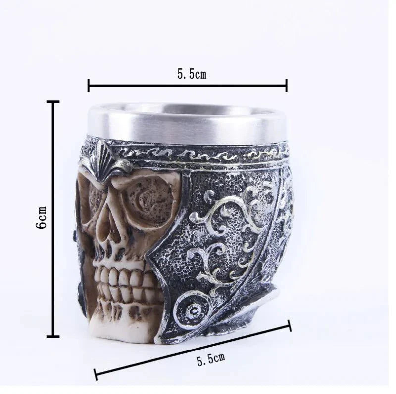 3D Skull Wine Glass with intricate gothic design and dimensions displayed.