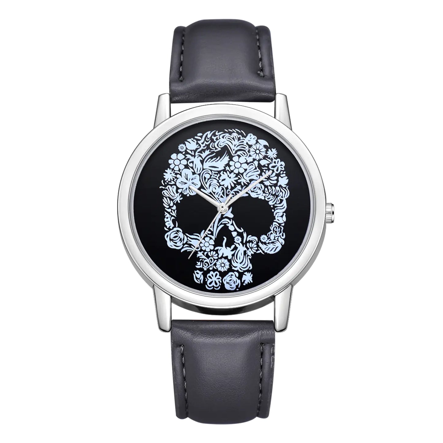 Skull Icon Quartz Watch with floral skull design and light blue strap.