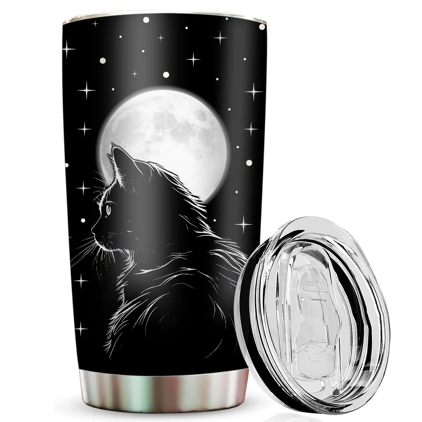 Black Cat Gothic Tumbler 20oz with moon and stars design, stainless steel, spill-proof lid.