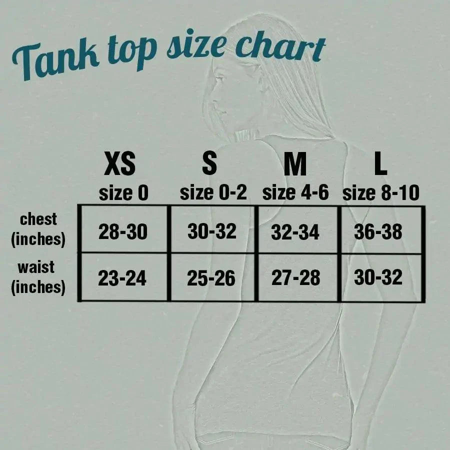 Tank top size chart for Butterfly skull racerback tank in olive, with measurements for chest and waist in XS, S, M, and L.