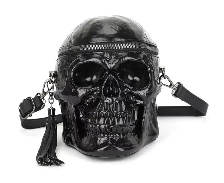 Black Skull Charm Shoulder Bag in PU material with gothic design.