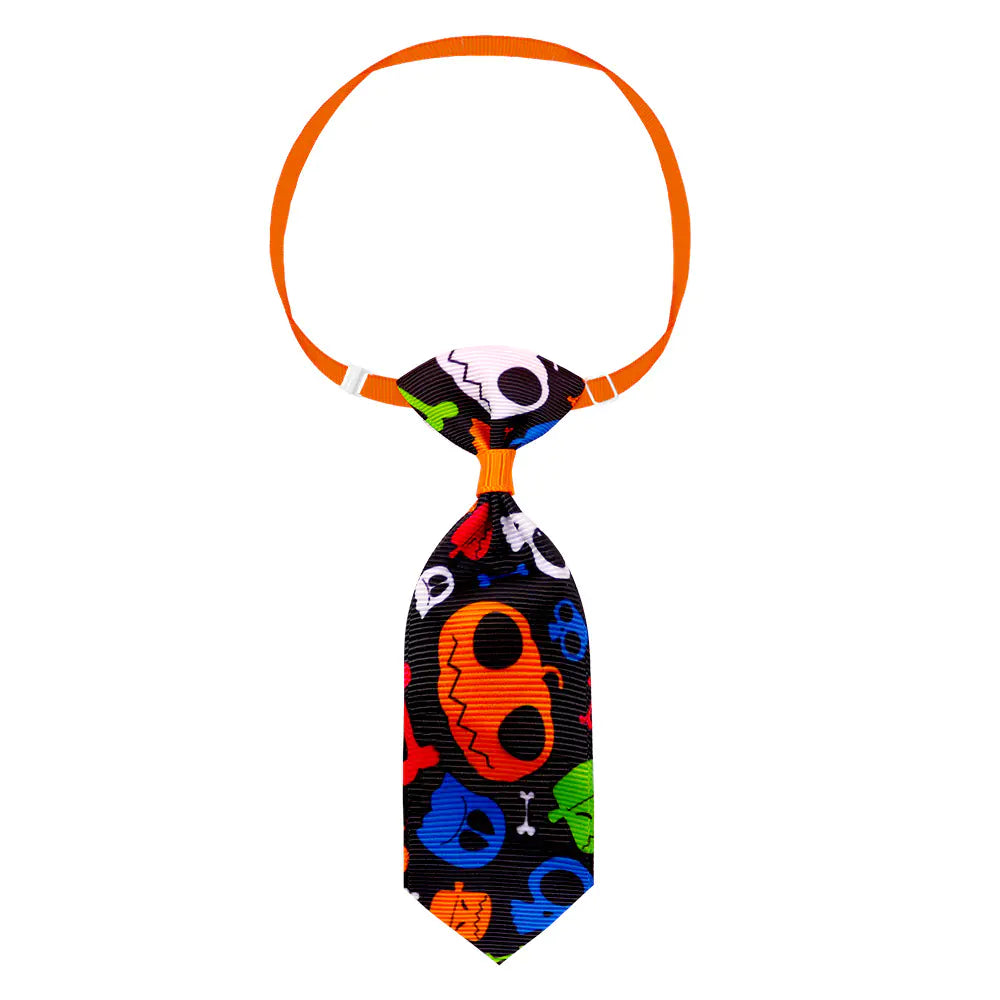 Colorful Halloween pet necktie with skull designs for cats and small dogs in Wonderland Spooky Necktie Series.