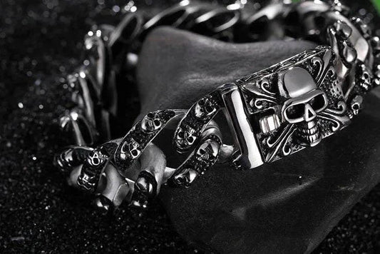 Titanium Steel Skull Men's Bracelet with edgy geometric skull design on black background.