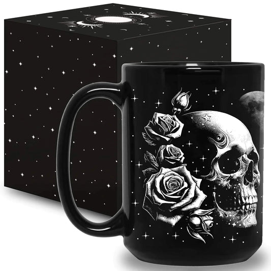 Gothic Skull Mug 15Oz with skull and roses design, black ceramic for witchy decor.