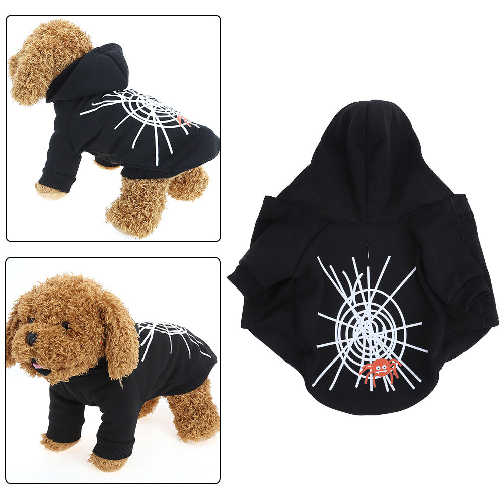 Skull printed cotton dog ghost day coat with spider web design, perfect for Halloween.