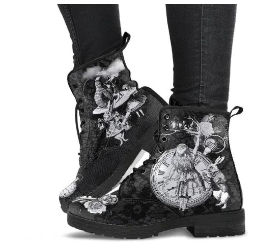 Chic skull pattern ankle boots with floral design and square heel.
