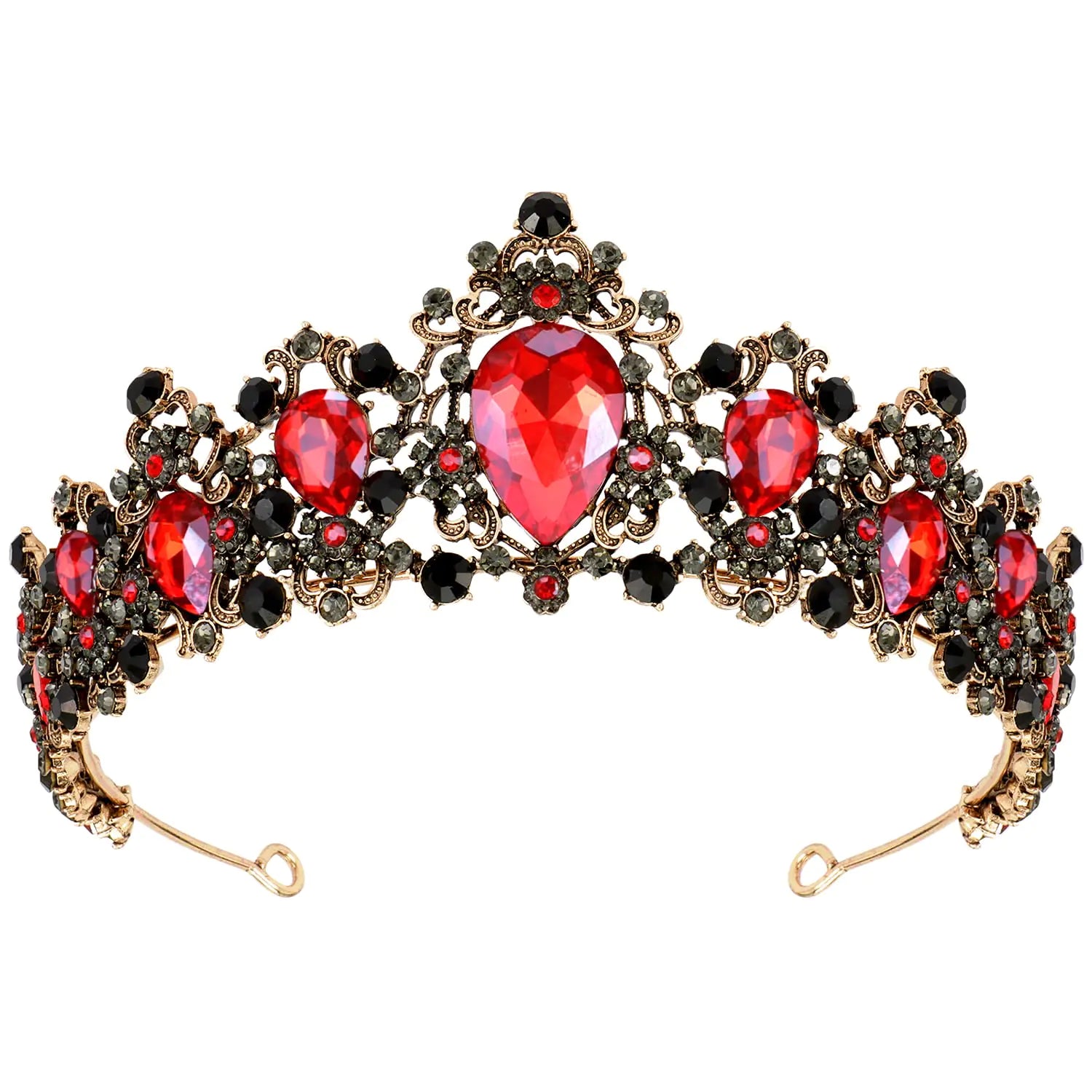 Gothic crown with gold metal, red and black crystals, opulent design.