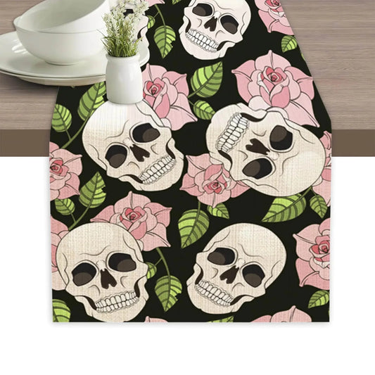 Floral Skull Linen Table Runner 13x70