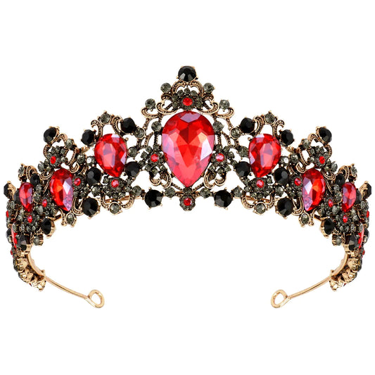 Golden metal Gothic crown with red and black crystals.
