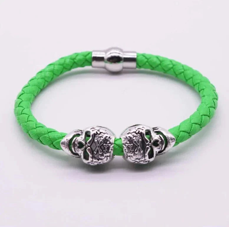 Woven Skull Head Bracelet with Green Leather and Metallic Skull Design