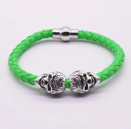 Woven Skull Head Bracelet with Green Leather and Metallic Skull Design
