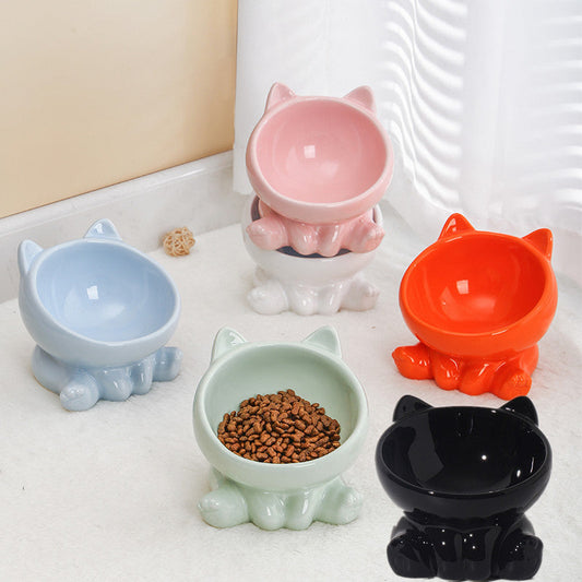 Ceramic cat bowls with neck guard design in various colors.