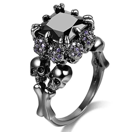 Fashion Black Skull Zircon Ring with skull design and sparkling zircon gems.