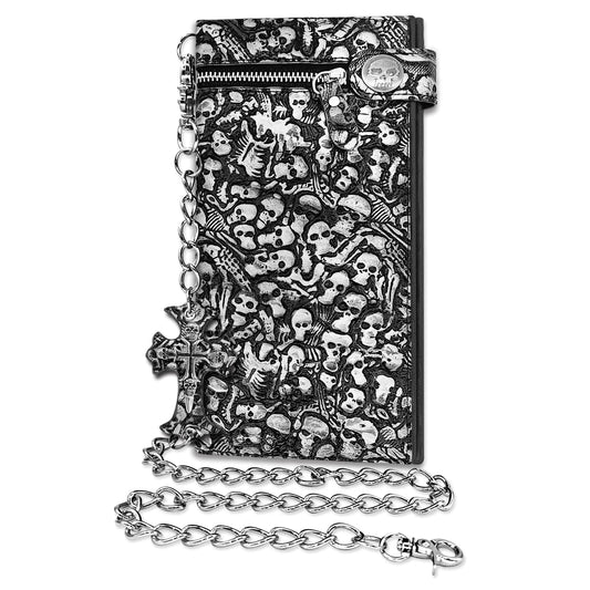 Gothic Skull Chain Wallet - Gunmetal Black Leather