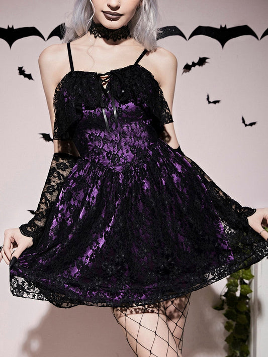 Dress - Purple Gothic Lace Up Back Halloween Costume Without Gloves