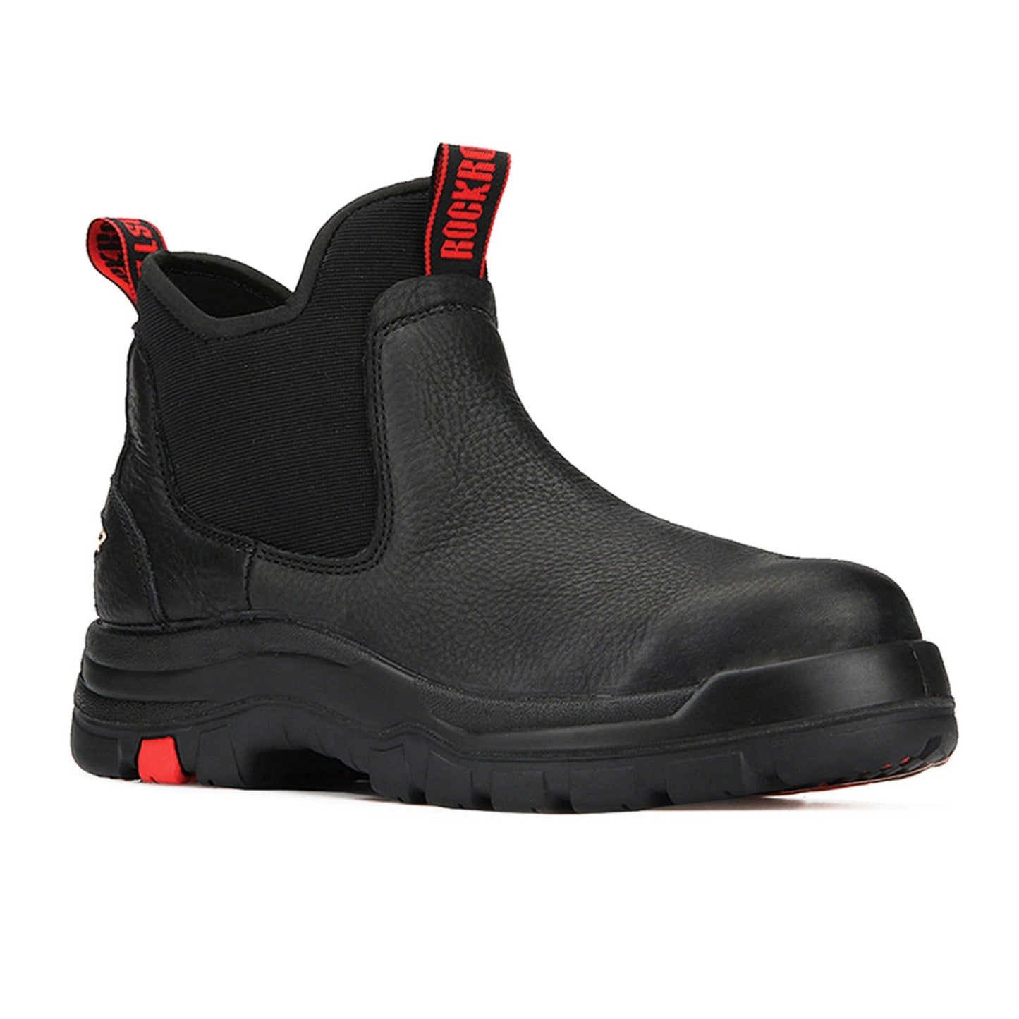 ROCKROOSTER Bakken 6 inch black leather waterproof work boots with slip-resistant rubber outsole.