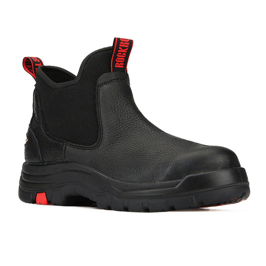 ROCKROOSTER Bakken 6 inch black leather waterproof work boots with slip-resistant rubber outsole.