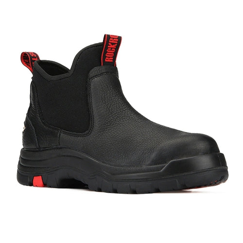 ROCKROOSTER Bakken 6 inch black leather waterproof work boots with soft toe and slip-resistant rubber outsole.