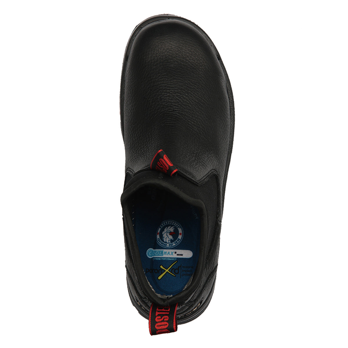 ROCKROOSTER Bakken 6 inch black leather waterproof work boot, top view.
