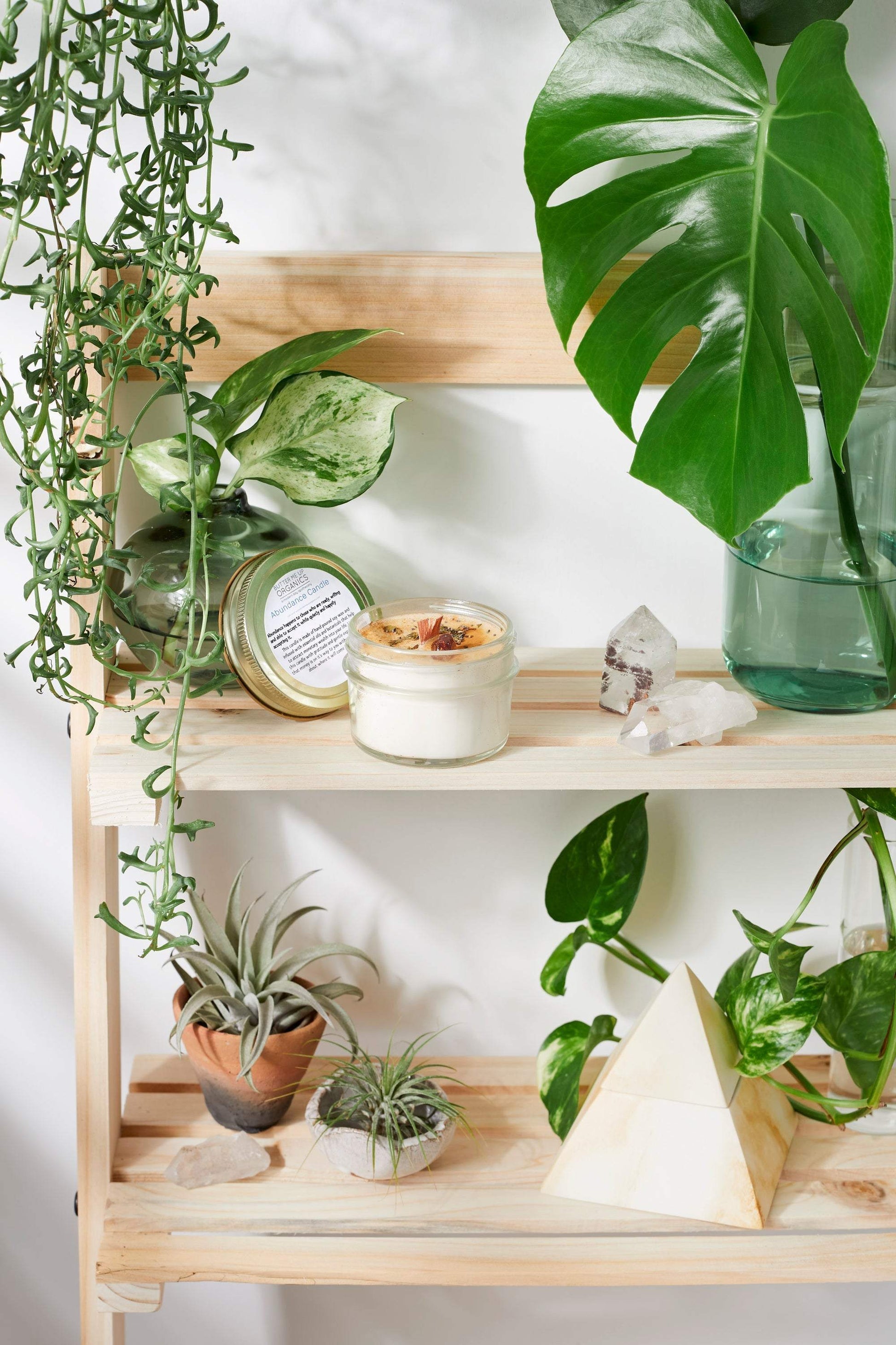 Hand-poured Abundance Candle with wood wick, infused with organic essential oils and topped with herbs and a citrine crystal for prosperity, displayed on a wooden shelf surrounded by green plants.