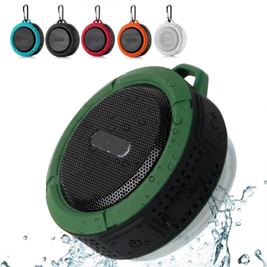 Mini portable waterproof Bluetooth speaker with suction cup and aluminum net, available in multiple colors.